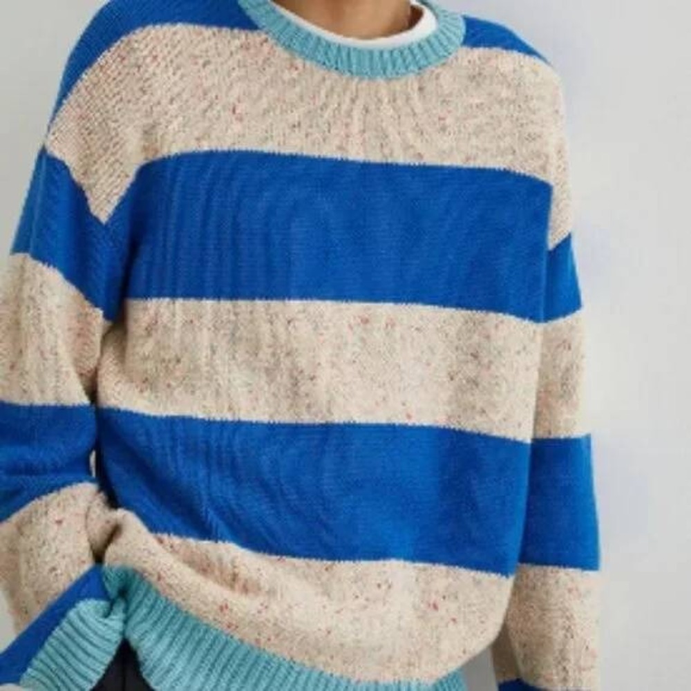 Urban Outfitters Striped Speckled‎ Knit Sweater S Blue Cozycore Oversized Comfy